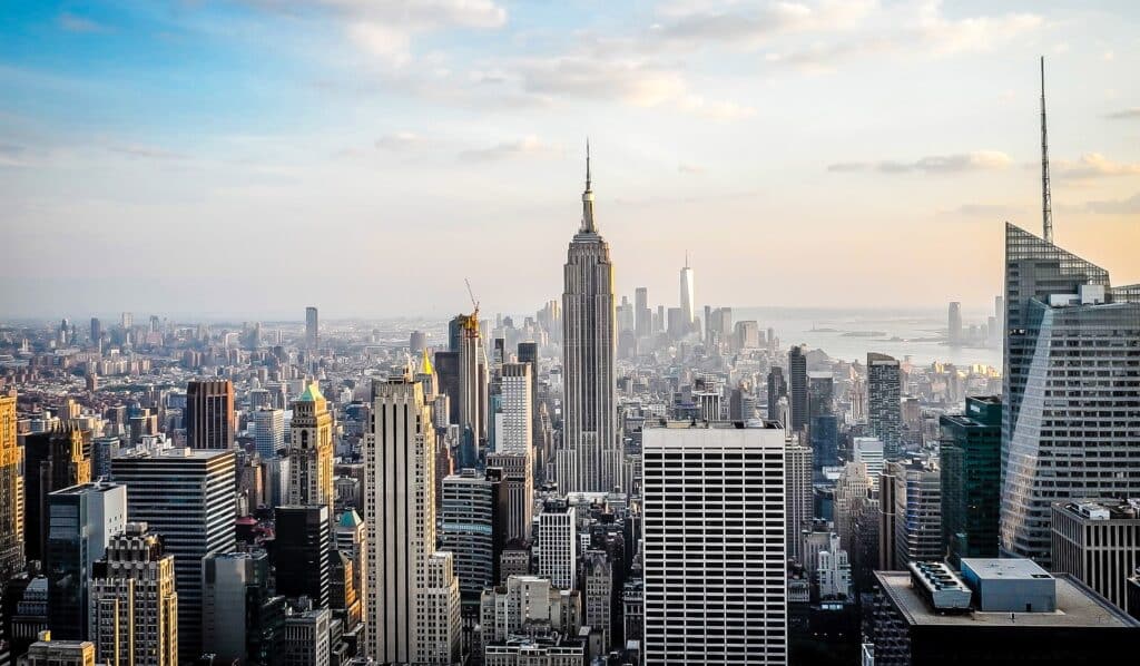 Blick vom Rockefeller Center in Midtown Manhattan Richtung Downtown New York City